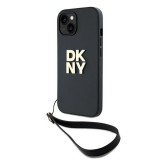 DKNY iPhone 15 Plus Csuklópántos PU Bőr Telefon tok - Fekete (DKHCP15MPBSWSK)