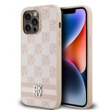 DKNY PU bőr Checkered Pattern and Stripe tok iPhone 15 Pro Max készülékhez rózsaszín