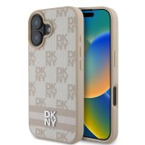 DKNY PU Leather Checkered Pattern and Stripe tok iPhone 16 készülékhez rózsaszín