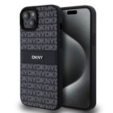DKNY PU Leather Repeat Pattern Tonal Stripe tok iPhone 15 Plus készülékhez fekete