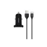 Dupla USB portos autóstöltő 2.4A + USB Type-C kábel YooUp C01 Lasting fekete