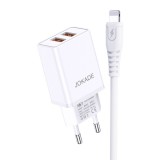 Dupla USB portos hálózati töltő 3A Jokade JB024 1 méteres Lightning kábellel fehér