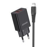 Dupla USB portos hálózati töltő 3A Jokade JB024 1 méteres Lightning kábellel fekete