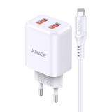 Dupla USB portos hálózati töltő 3A Jokade JB026 1 méteres Lightning kábellel fehér