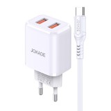Dupla USB portos hálózati töltő 3A Jokade JB026 1 méteres Type-C kábellel fehér