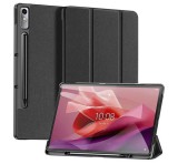 DUX DUCIS DOMO tok álló, bőr hatású (aktív, oldalra nyíló, TRIFOLD, asztali tartó, ceruza tartó, textil minta) FEKETE Lenovo Tab P12 (TB370)