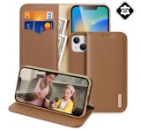 DUX DUCIS HIVO tok álló, valódi bőr (FLIP, oldalra nyíló, asztali tartó funkció, bankkártya tartó, RFID védelem) BARNA Apple iPhone 14 Plus