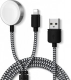 E-Zone 2 az 1-ben Lightning + Vezeték nélküli töltés, iPhone, iPad és Apple Watch töltőkábel, fehér-fekete