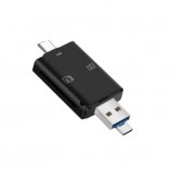 E-Zone 3in1 OTG kártyaolvasó, támogatja a MicroSD/TF és SD kártyákat, USB-C + MicroUSB/USB 2.0 csatlakozóval, fekete