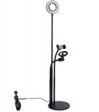 E-Zone LED Gyűrűs Flexibilis Asztali Telefontartó Mikrofonállvány, Kör alakú, Meleg/Semleges/Hideg fény, Vezetékes távirányító, fekete állvány