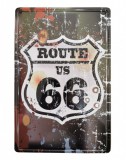 E-Zone Vintage Dekor Fémtábla, dombornyomott, &#039;Route 66&#039; felirat, retro hangulatú kialakítás, 20x30cm