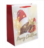 Egyéb Karácsonyi ajándéktáska 23x18x10cm, közepes, glitteres, cica ajándékkal, Merry Christmas felirattal
