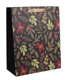 Egyéb Karácsonyi ajándéktáska 32x26x12cm, nagy, fekete, zöld ágakkal és mikulásvirággal