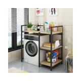 Elite Home® 3 szintes, masszív fém fürdőszobai polc mosógép fölé fa polcokkal, fekete