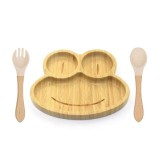 Elite Home® béka formájú bambusz tányér tapadókorongos talppal, gyermek étkezőkészlet szilikon fejű kanállal és villával, 3 db-os szett