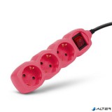 Elosztósor, 3 aljzat, 1,5 m, kapcsolóval, ENTAC, rózsaszín