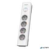 Elosztósor, 4 csatlakozóaljzat, túlfeszültség-védelemmel, 2 m kábel, PHILIPS, fehér