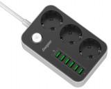 Energizer EPB2500W01EU hálózati elosztó 3db hálózati és 6db USB csatlakozó aljzattal, túlfeszültség védelemmel, 2m