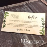 Esküvői meghívó fából, nyomtatott greenery grafikával