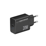 Esperanza EZC104K, PD 20 W, USB-C, Fekete, Hálózati gyorstöltő adapter