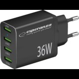 Esperanza Quick Power Charger 4xUSB-A Hálózati gyorstöltő Adapter 36W - Fekete ( )