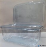 . Ételtároló doboz, egybefedeles, újrahasznosított műanyag, szögletes, 750 ml, 100 db, "Party", víztiszta