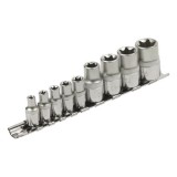 Extol dugófej készlet, E-TORX; 1/4"×5db, 1/2"×4db, tartó sínen (8818114)