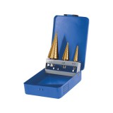Extol lépcsős fémfúró klt, 3db; (4-12mm/1mm lépcsők,4-20mm/2mm,4-32mm/2mm) befogás:10mm, max.4mm vastag anyagokhoz,TiN bevonat
