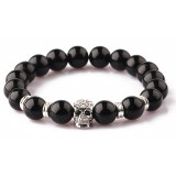 FEKETE ACHÁT KARKÖTŐ, EZÜST SZÍNŰ KOPONYÁVAL - 8mm-es gyöngy