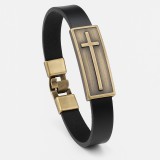 Fekete bőr karkötő antik kereszt medállal