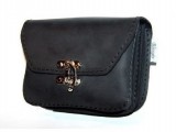 Fekete bőr övtáska, dupla fakkos, horgas csatos, fekvő