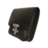 Fekete bőr övtáska, egyfakkos, horgas csatos, kisebb, álló