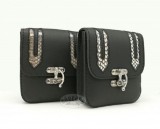 Fekete, kígyóbőr mintás betéttel bőr övtáska, egyfakkos, horgas csatos, kisebb, álló