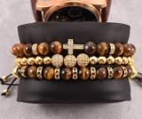 Férfi 3 db/szett tigrisszem gyöngyös makramé karkötők Arany színben