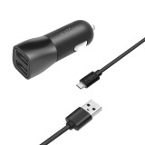 FIXED USB autós töltő, 2*USB-A kimenet, 15W + USB/mikro USB kábel, fekete FIXCC15-2UM-BK