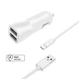FIXED USB autós töltő, 2 USB kimenet, 15W + USB/USB-C kábel, Fehér FIXCC15-2UC-WH