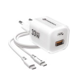 Forcell F-Energy Crystal Color GaN III VT-41 USB-C-USB-A hálózati töltő adapter szilikon kábellel, 33W, fehér