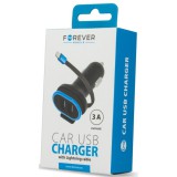 Forever CC-02 Autós töltő kábellel, dupla, 3A, iPhone 8-pin