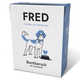 Fred & Felia FRED párolt tarkasügér menü amaránttal – teljes értékű nedves eledel felnőtt kutyáknak, 390 g