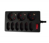 GAO Asztali elosztó 6 Euro+3 f dugalj, kapcs.1.4m, fekete; 250V, 16A, 1.4m, H05VV-F 3x1.5 mm², IP20