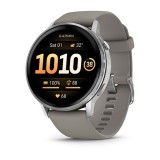 Garmin Venu 4, 3,56 cm (1.4"), Amoled, Bluetooth, WiFi, 45 mm, Rozsdamentes acél, Ezüst, Okosóra, Szürke szilikon szíjjal