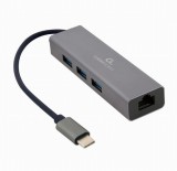 GEMBIRD A-CMU3-LAN-01 USB-C Gigabit network adapter + 3-port USB 3.1 hub szürke