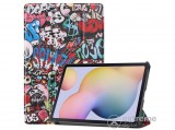 Gigapack álló, bőr hatású aktív flip tok Samsung Galaxy Tab S7 LTE (SM-T875) készülékhez, színes, graffiti mintás