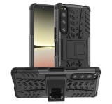 Gigapack Defender műanyag telefonvédő (közepesen ütésálló, szilikon belső, kitámasztó, autógumi minta) FEKETE Sony Xperia 5 IV (XQCQ54)