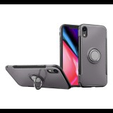 Gigapack Műanyag telefonvédő (szilikon keret, asztali tartó funkció, telefontartó gyűrű, beépített fémlemez, karbon minta) SZÜRKE [Apple iPhone XR 6.1] (5996457811496) - Telefontok