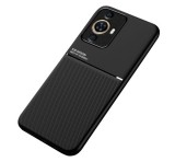 Gigapack Műanyag telefonvédő (szilikon keret, közepesen ütésálló, beépített fémlemez, bőr hatású hátlap, csíkos minta) FEKETE Huawei Nova 11 Pro