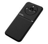 Gigapack Műanyag telefonvédő (szilikon keret, közepesen ütésálló, beépített fémlemez, bőr hatású hátlap, csíkos minta) FEKETE Realme 11 Pro, Realme 11 Pro Plus