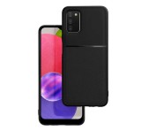 Gigapack Műanyag telefonvédő (szilikon keret, közepesen ütésálló, beépített fémlemez, bőr hatású hátlap, csíkos minta) FEKETE Samsung Galaxy A03s (SM-A037F)