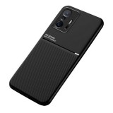 Gigapack Műanyag védő ( Xiaomi 11T Pro szilikon keret, közepesen ütésálló, beépített fémlemez, bőr hatású hátlap, csíkos) fekete