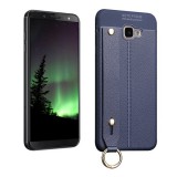 Gigapack Samsung Galaxy J4+ Szilikon telefonvédő (asztali tartó funkció, bőr hatású, varrás minta, sötétkék)